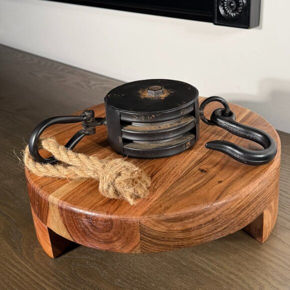 Rustic Industrial Pulley Decor w/ Rope & Hooks | Farmhouse Coffee Table Accent - Picture 2 of 3